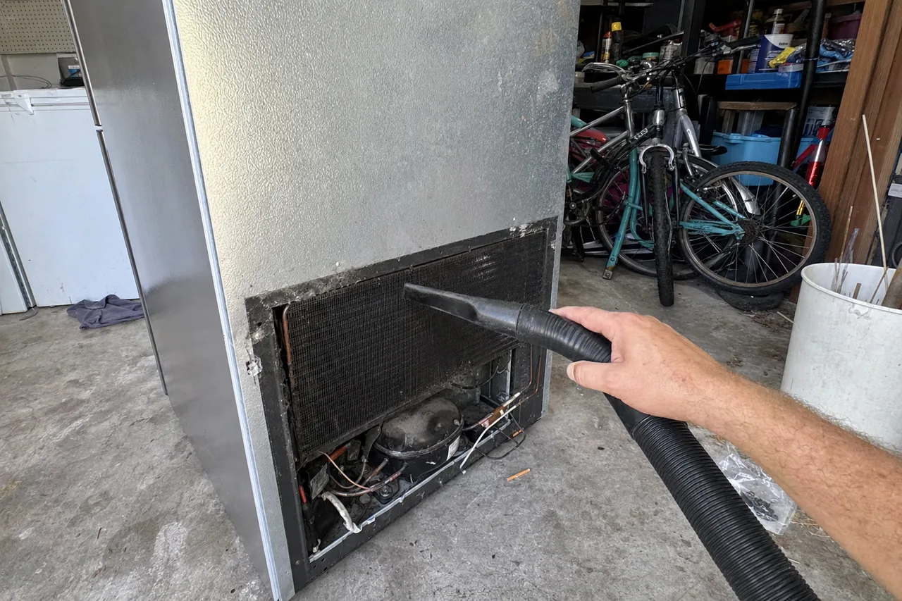 Mirrored view of the garage refrigerator with the grille off, vacuum hose at the coil and bikes stacked against the wall behind.