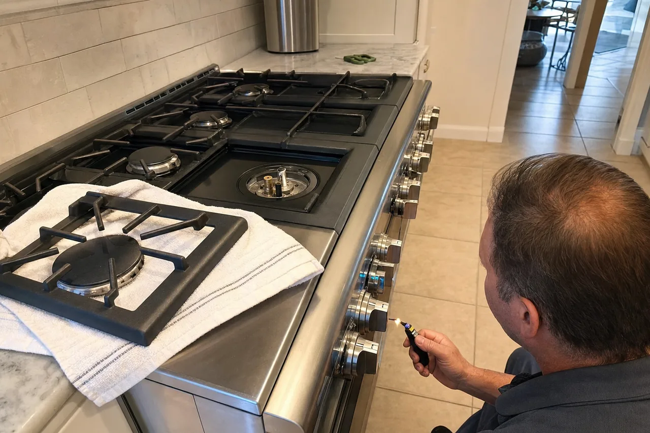 A repair technician kneeling at a professional stainless dual-fuel range, one burner cap and grate lifted onto a towel beside him, testing the igniter.